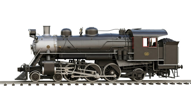 Isolated antique railroad steam locomotive train on tracks, detailed design, black and gray