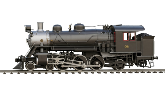 Isolated antique railroad steam locomotive train on tracks, detailed design, black and gray