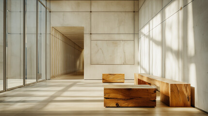 広々としたモダンなホール。木目の壁と床、大きな窓から差し込む柔らかな自然光と床に落ちる長い影。ミニマルで自然の光