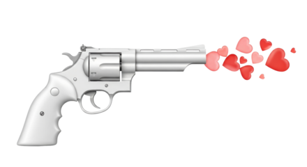 Isolated shiny gun weapon metaphorically shooting out many colorful love hearts symbols