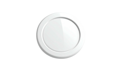 A glossy white circular device with a raised rim, centered on a black backdrop