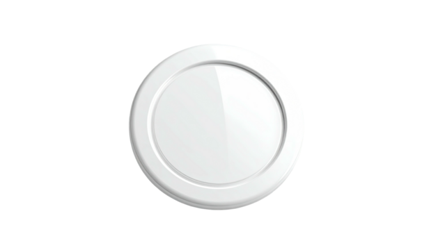 A glossy white circular device with a raised rim, centered on a black backdrop