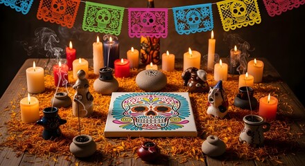 Day of the Dead Altar with Candles and Decorations.
