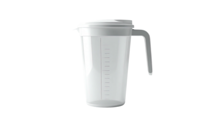 A transparent plastic pitcher with a white lid, handle, and measuring lines