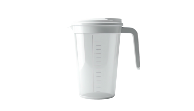 A transparent plastic pitcher with a white lid, handle, and measuring lines