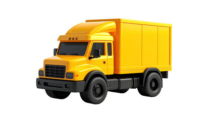A bright yellow delivery truck, with a boxy cargo container and black wheels