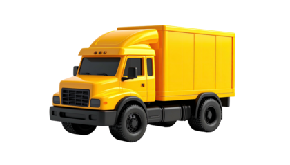 A bright yellow delivery truck, with a boxy cargo container and black wheels