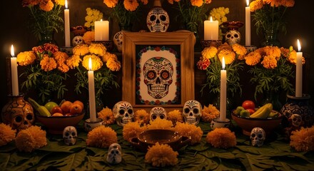 Traditional Day of the Dead Altar with Candles and Marigolds.