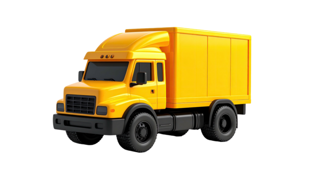 A bright yellow delivery truck, with a boxy cargo container and black wheels