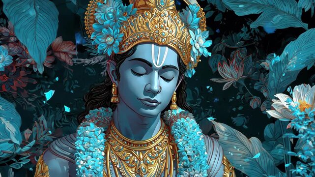 Divine Art of Peaceful Deity in Floral Surroundings