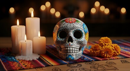 Traditional Dia de los Muertos ofrenda with calavera and marigolds.
