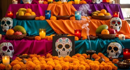 Vibrant Day of the Dead Altar with Skulls and Marigolds.