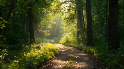Obraz premium Sunlit Forest Path, Magical Woodland Trail at Dawn