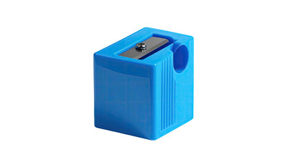 A cyan plastic pencil sharpener, metal blade visible, with a rounded pencil insertion hole