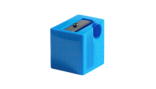 A cyan plastic pencil sharpener, metal blade visible, with a rounded pencil insertion hole