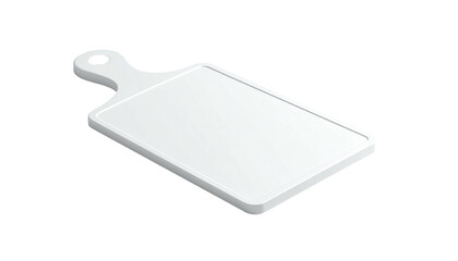 Isometric view of a clean, white rectangular cutting board with handle