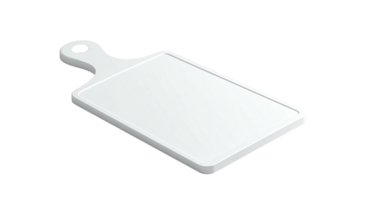 Isometric view of a clean, white rectangular cutting board with handle