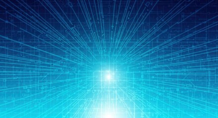 Abstract digital art blue light rays expanding from central bright source deep space
