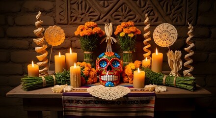 Day of the Dead Altar with Skull and Candles.