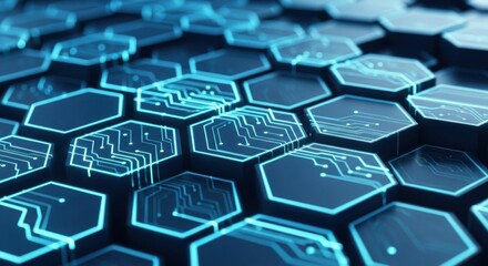 Abstract blue hexagonal network pattern illuminated by digital data streams futuristic tech background