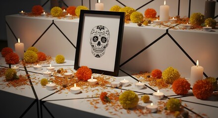 Day of the Dead Altar with Skull Art and Marigolds.