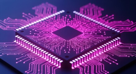 Abstract neon pink circuit board and microchip design glowing with technology and data flow
