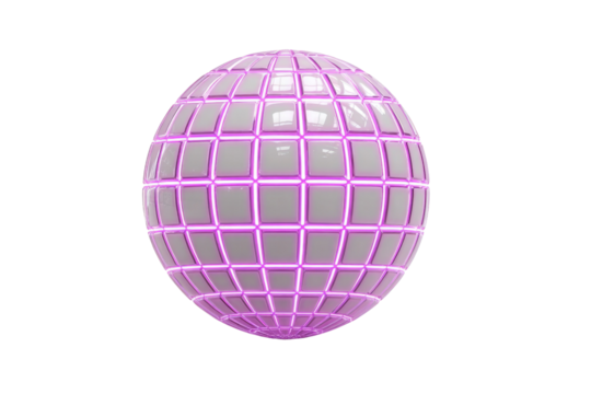 A glossy, white grid-patterned sphere with vibrant purple glowing lines, presented on a transparent background. Futuristic geometric 3D render. background removed