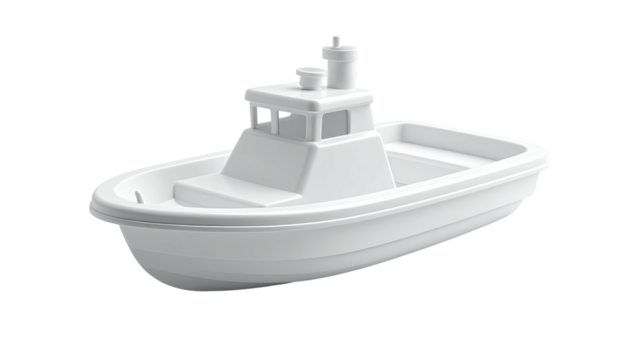 A monochromatic white boat model on a black background, angled slightly