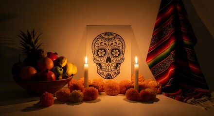 Dia De Los Muertos Altar with Sugar Skull and Candles.