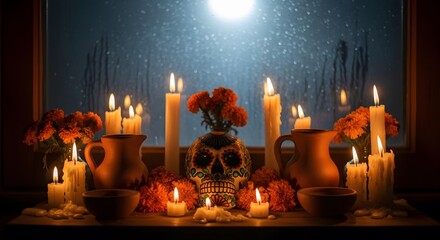 Traditional Day of the Dead altar with a sugar skull and glowing candles.