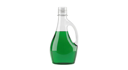 Isolated bottle of green liquid, household cleaning product or car care, transparent container