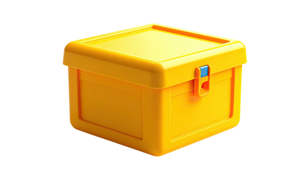 A vibrant yellow box with a lid, clasp, and rounded corners, on a black background
