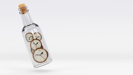 Fototapeta premium 3d rendering of golden-rimmed clocks in a glass bottle on color background, Life and time concept