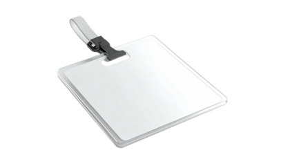 A blank, white, square name tag with a metal clip attachment