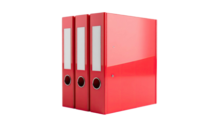 Three red file binders stand on a black background, labels and round holes visible