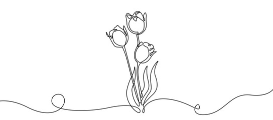 Flowers of Tulip Continuous One Line Drawing. Minimalist Floral Background. Outline Tulips Illustration. Nature Botanical Design for Greeting Card, Poster, Print, Banner. Vector Illustration