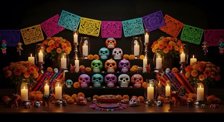 Day of the Dead Altar with Colorful Skulls and Decorations.