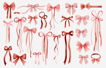 Red Bow Set Watercolor Style. Xmas Bow Design. Ribbon Vector Illustration. Winter Holiday Design Elements Collection.