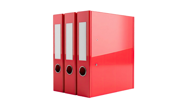 Three red file binders stand on a black background, labels and round holes visible
