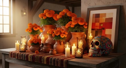 Traditional Dia de los Muertos Altar with Marigolds and Candles.