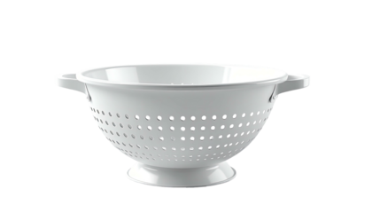 Close-up of a shiny, white kitchen colander with handles, on a black background