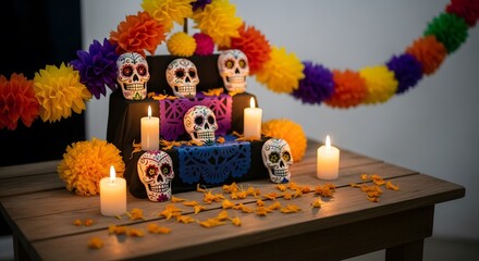 Day of the Dead Altar with Sugar Skulls and Marigolds.