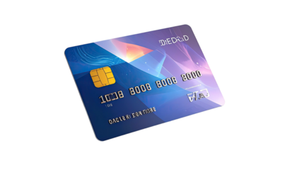 Angled blue credit card with a gold chip and a holographic background