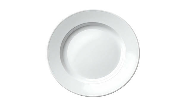 A shiny, white, round plate, top-down view, with a slightly indented center
