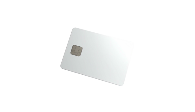 A plain, white rectangular card with a chip, floating against a black background
