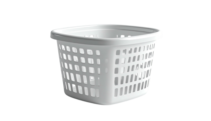 Square white plastic laundry basket with holes, sitting in front of black background