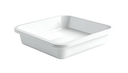A bright white square baking dish with a flat base and slightly curved edges