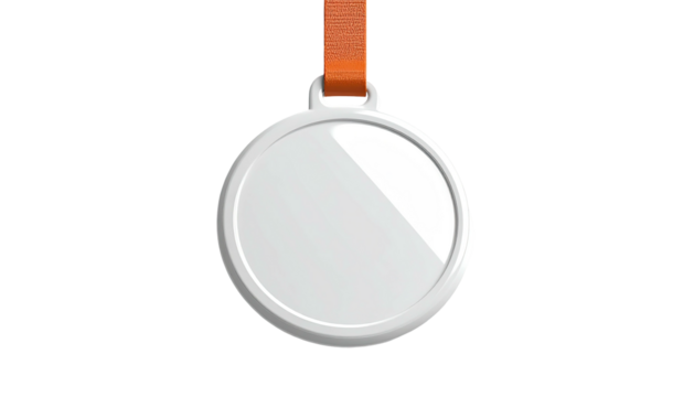 Silver medal, empty center, on orange ribbon, isolated against black backdrop