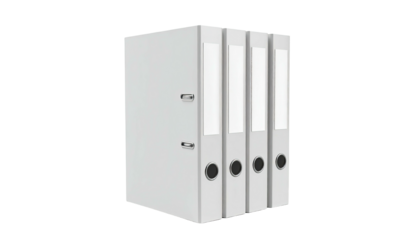 Three white ring binders stand upright against a black background