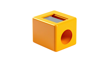 Yellow cuboid with a rectangular opening and a circular hole, on black